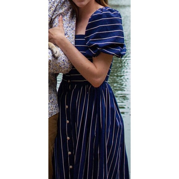 Vintage Wendy One Puff Sleeve Striped Midi Dress Button Down Size XS CottageCore - Picture 7 of 7